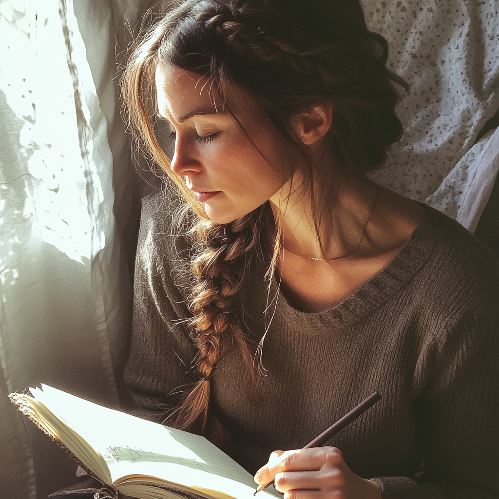 Une femme écrit dans un cahier | Source : Midjourney