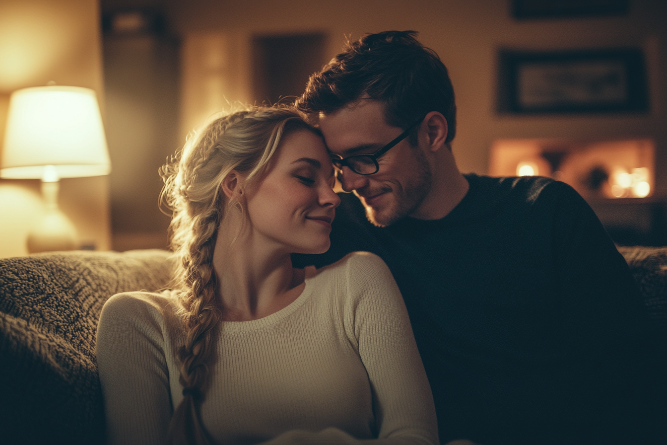 Couple in their 30s hugging on a couch looking happy and in love at night in a living room | Source: Midjourney