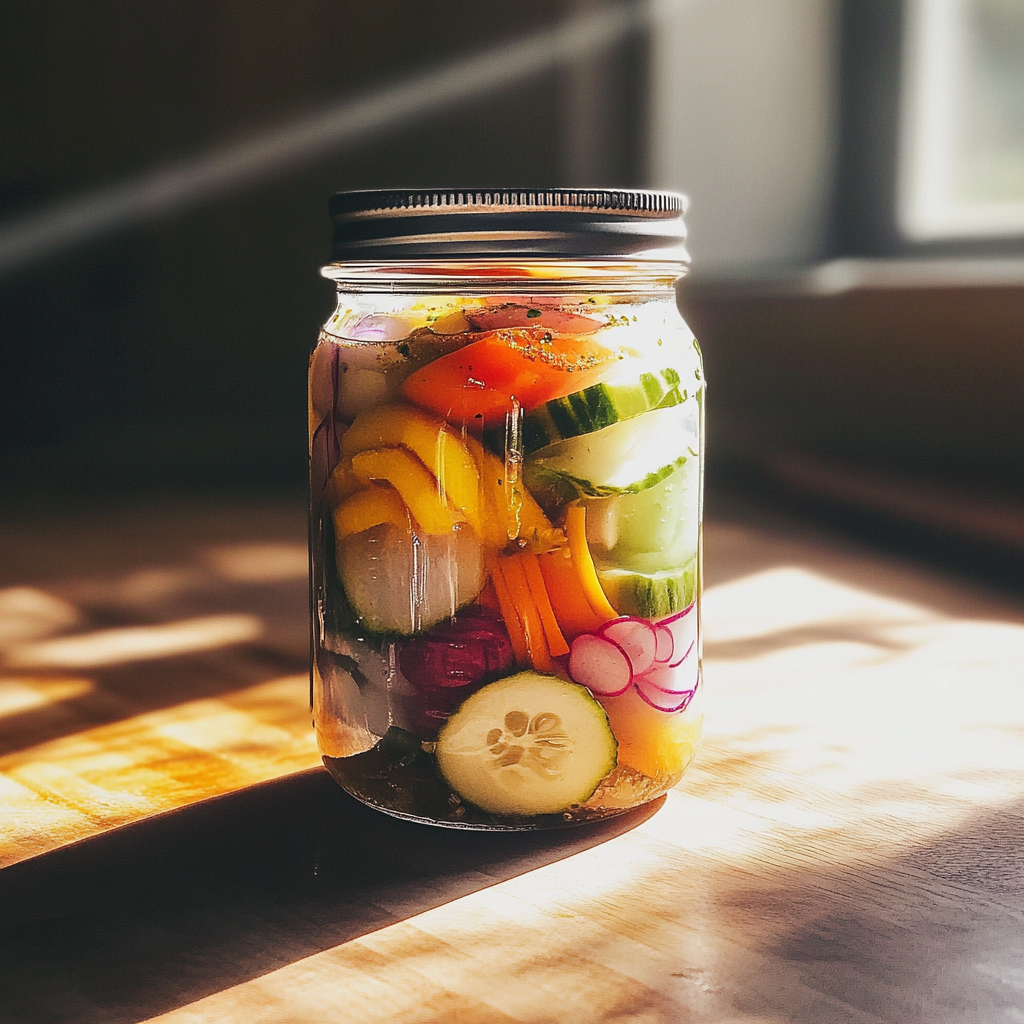 A jar of pickled vegetables | Source: Midjourney
