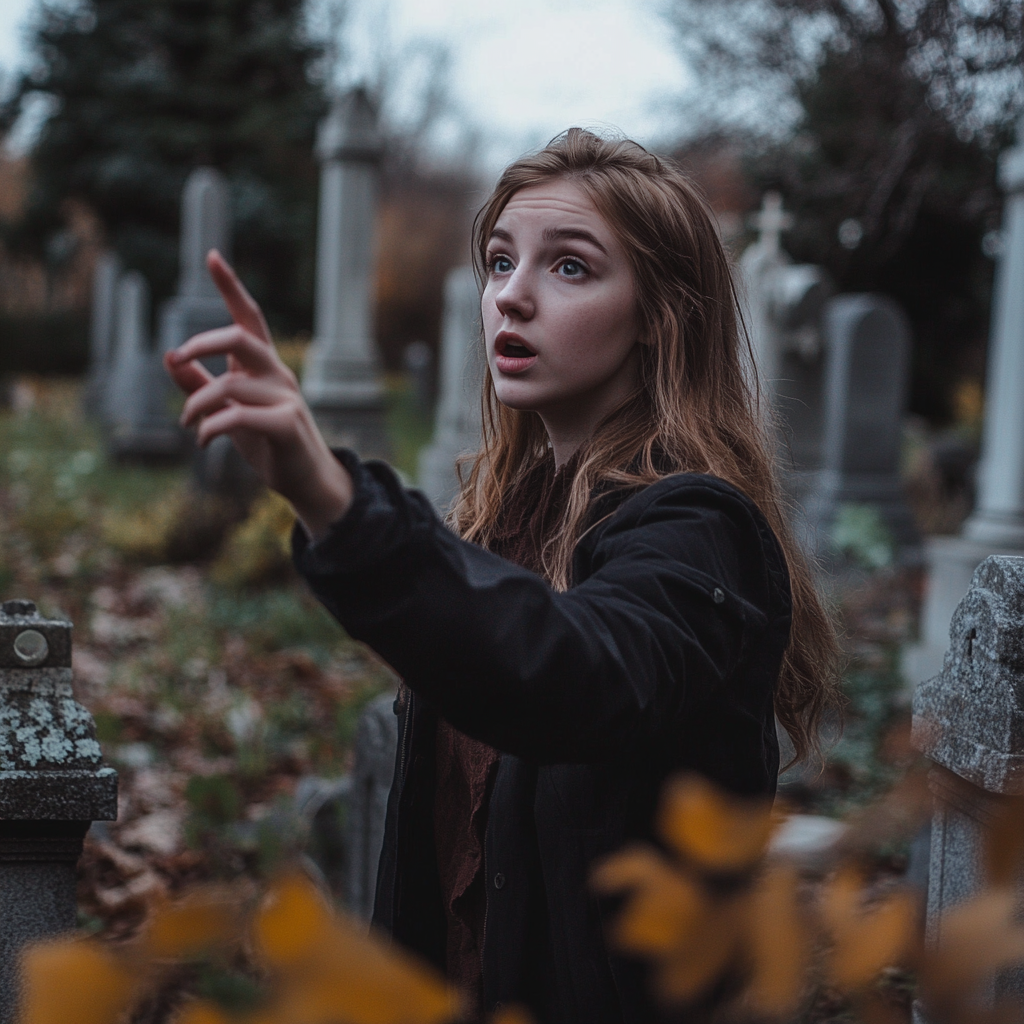 A woman calling out at a cemetery | Source: Midjourney