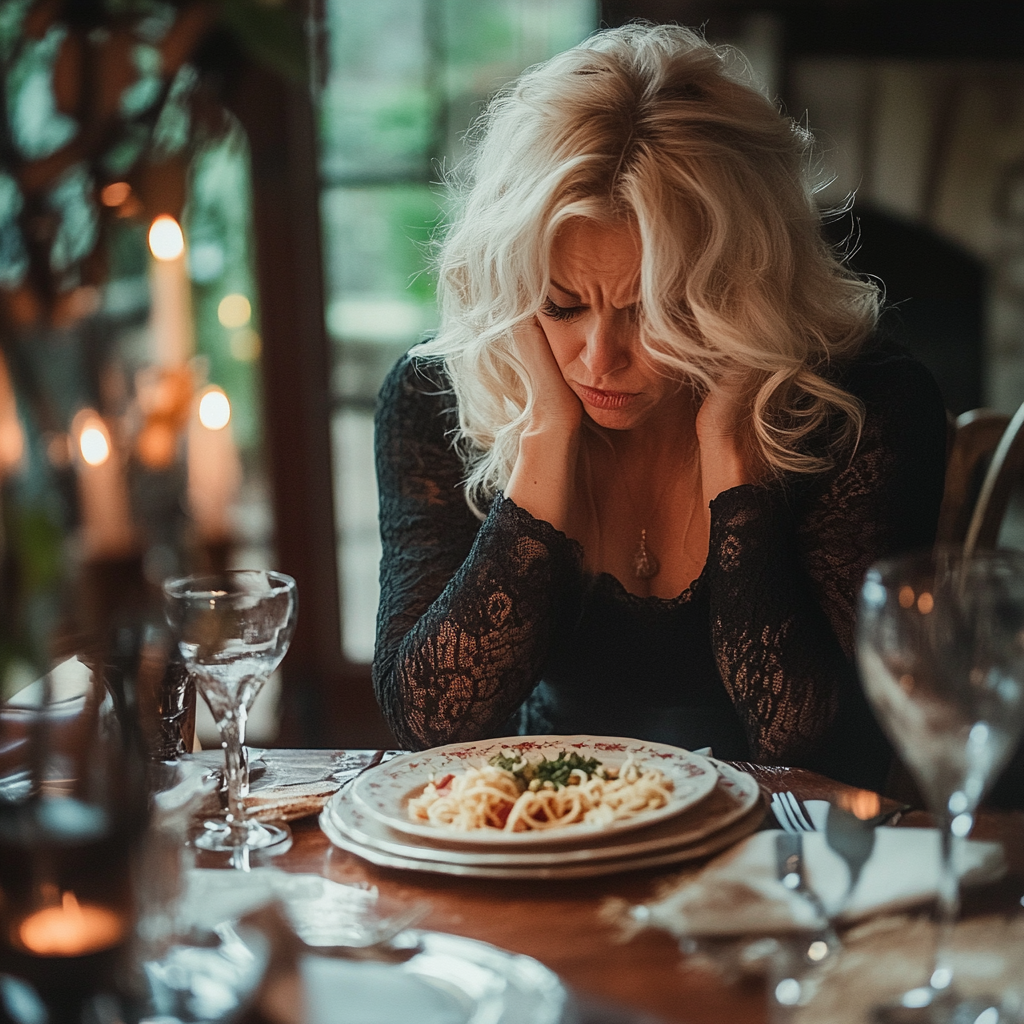 A sad woman looking at her plate | Source: Midjourney