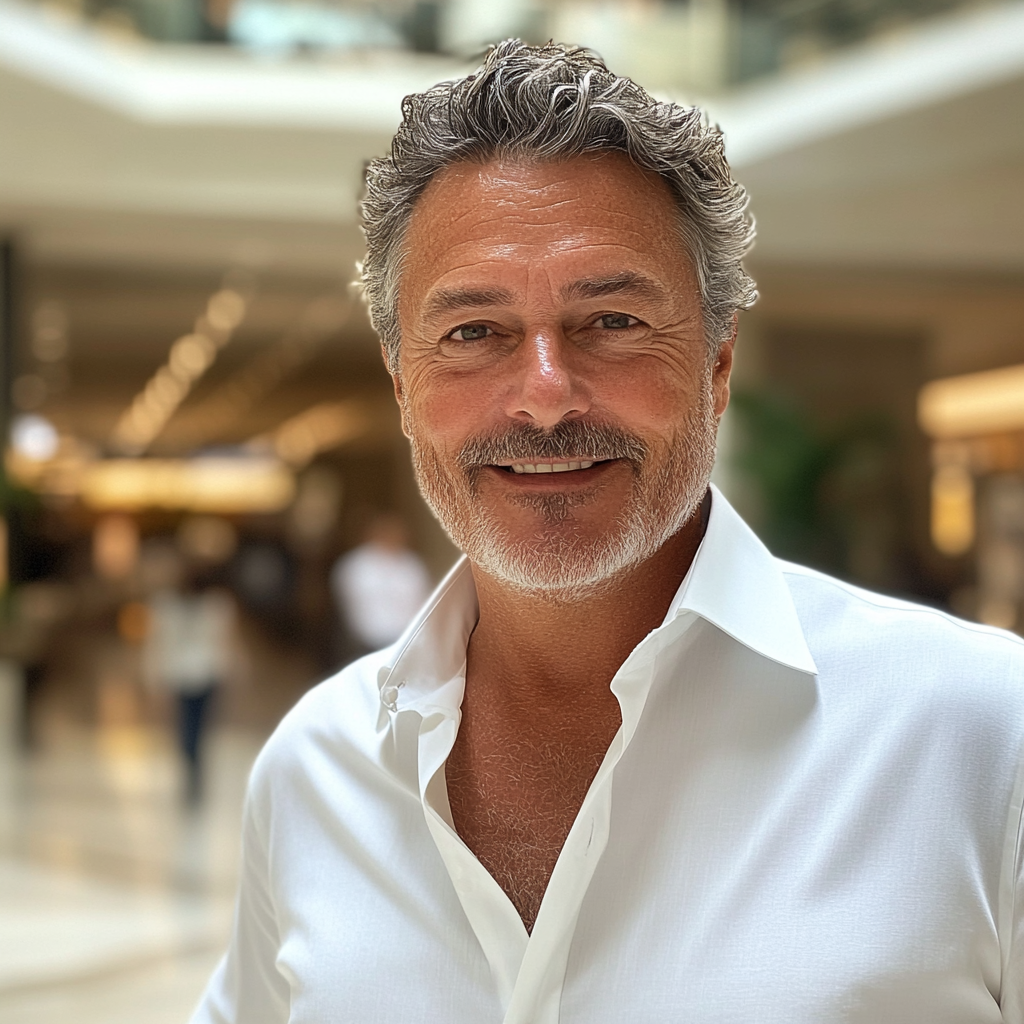 A smiling older man at a mall | Source: Midjourney
