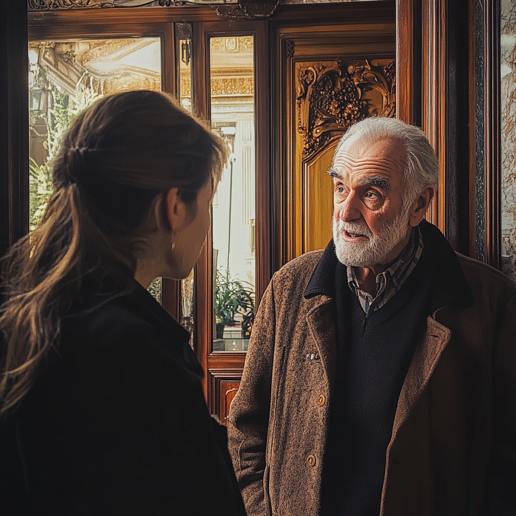 Senior man and a young woman having a conversation | Source: Midjourney