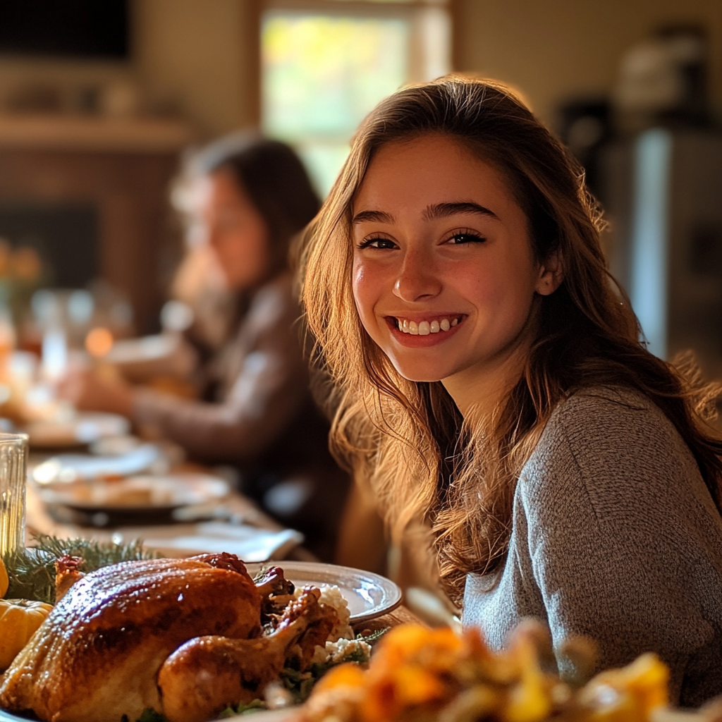 A smiling girl at a dinner | Source: Midjourney