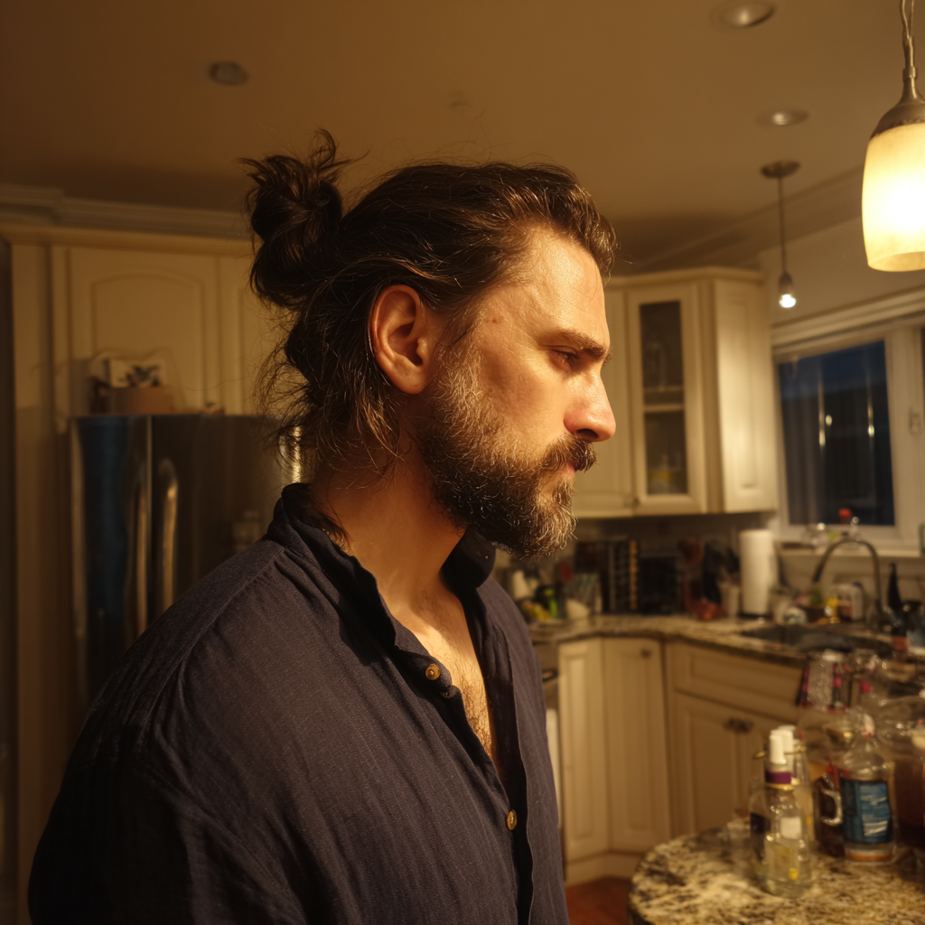 A grumpy man standing in a kitchen | Source: Midjourney