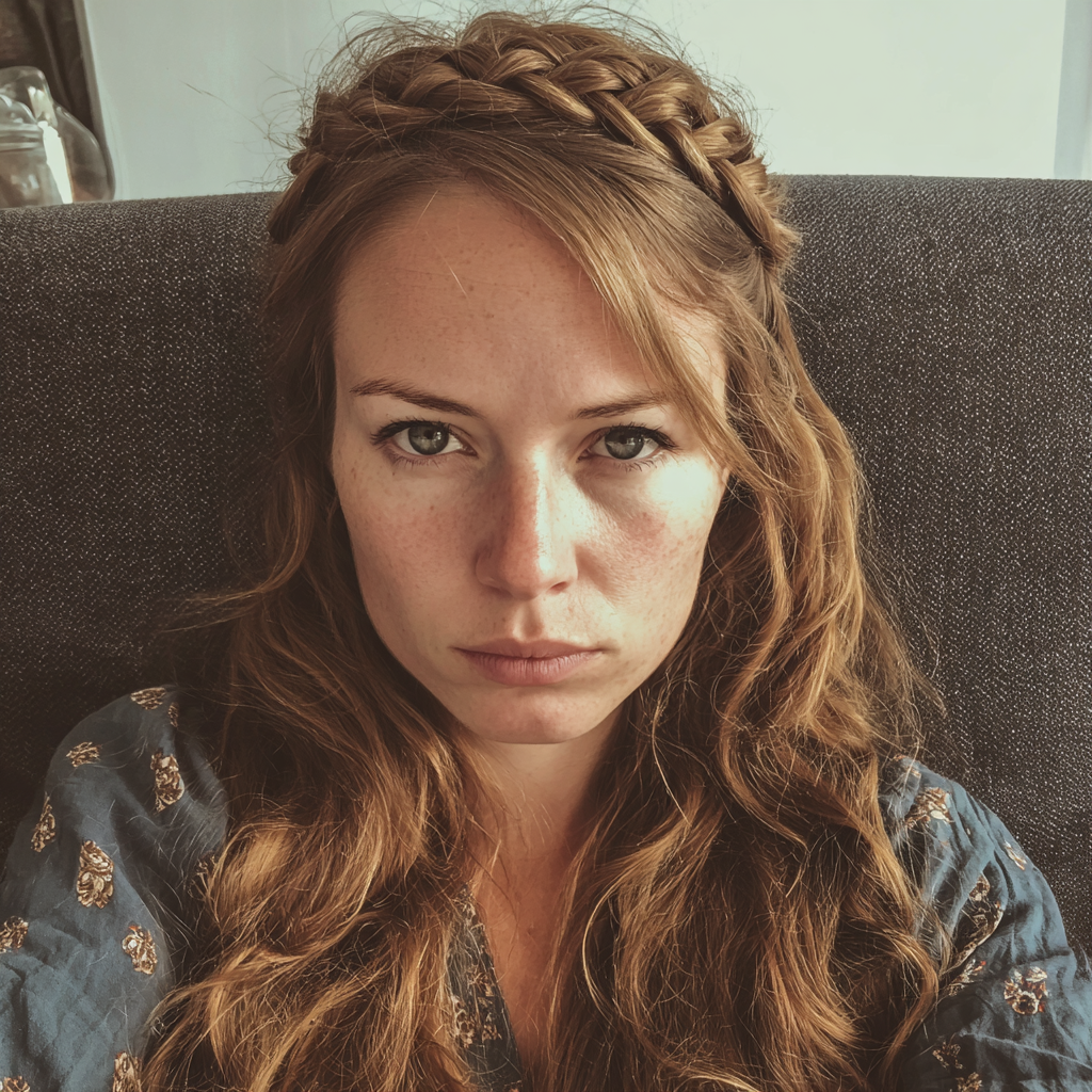 An upset woman sitting on a couch | Source: Midjourney
