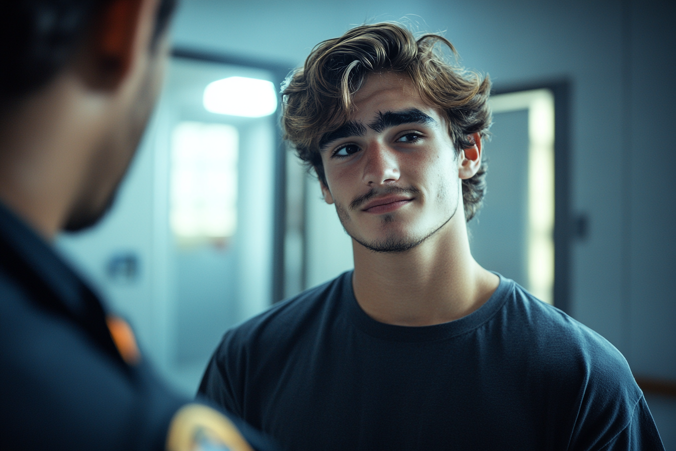A young man talking to a police officer | Source: Midjourney