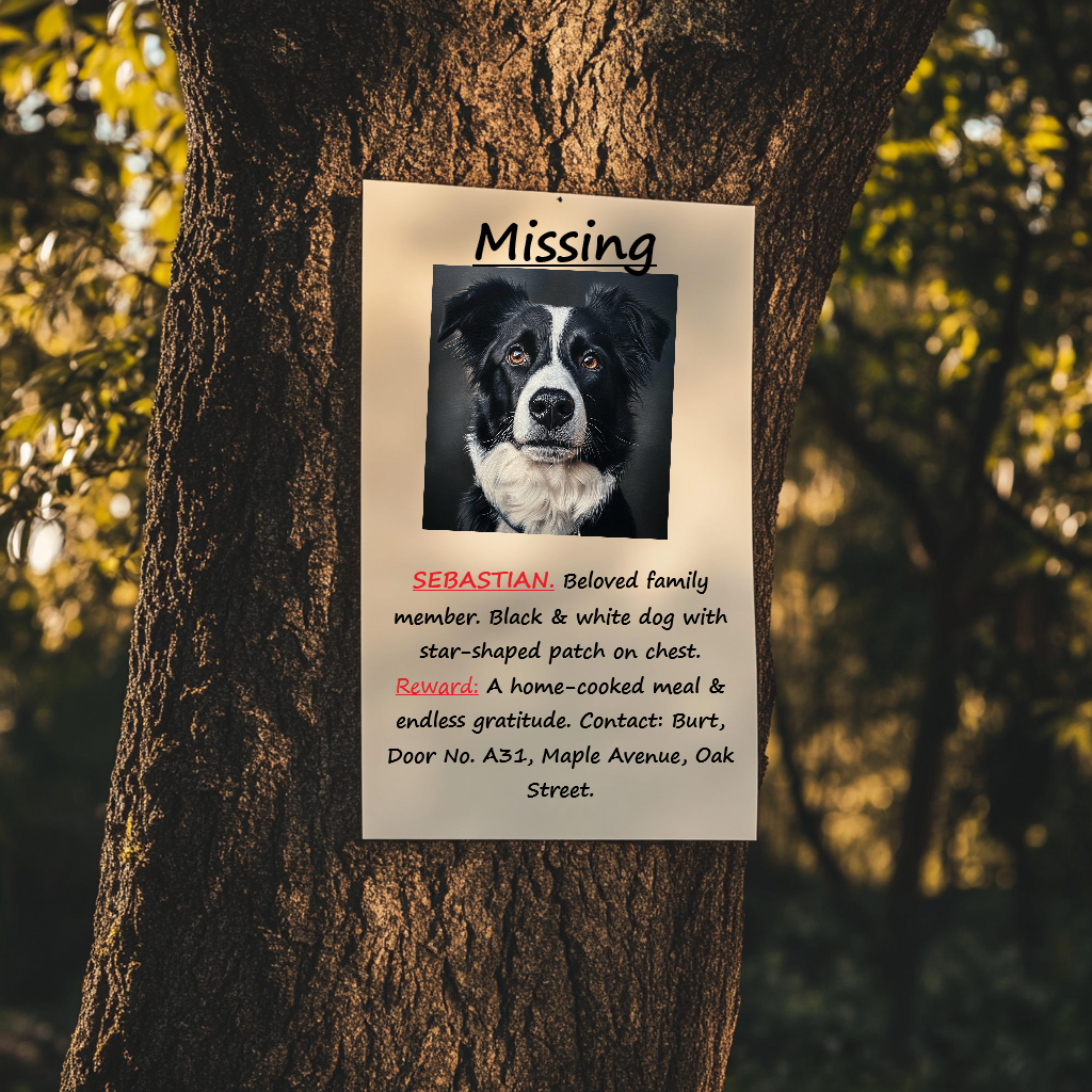 Un cartel con la foto de un perro desaparecido clavado en un árbol | Fuente: Midjourney