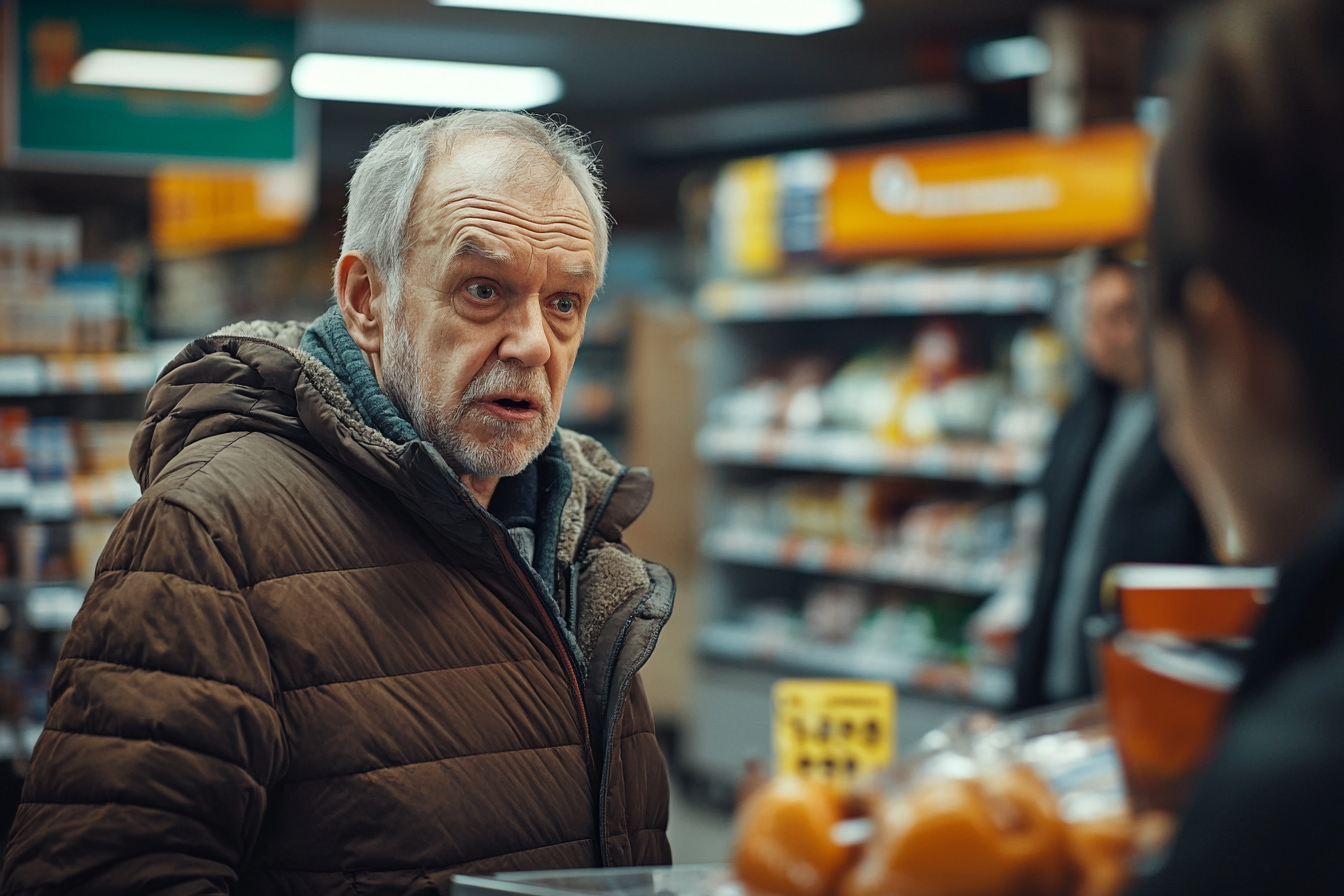 A shocked man standing at a grocery store checkout | Source: Midjourney