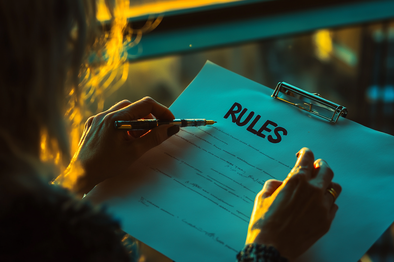 Woman holds pen while reading a paper that says "Rules" | Source: Midjourney