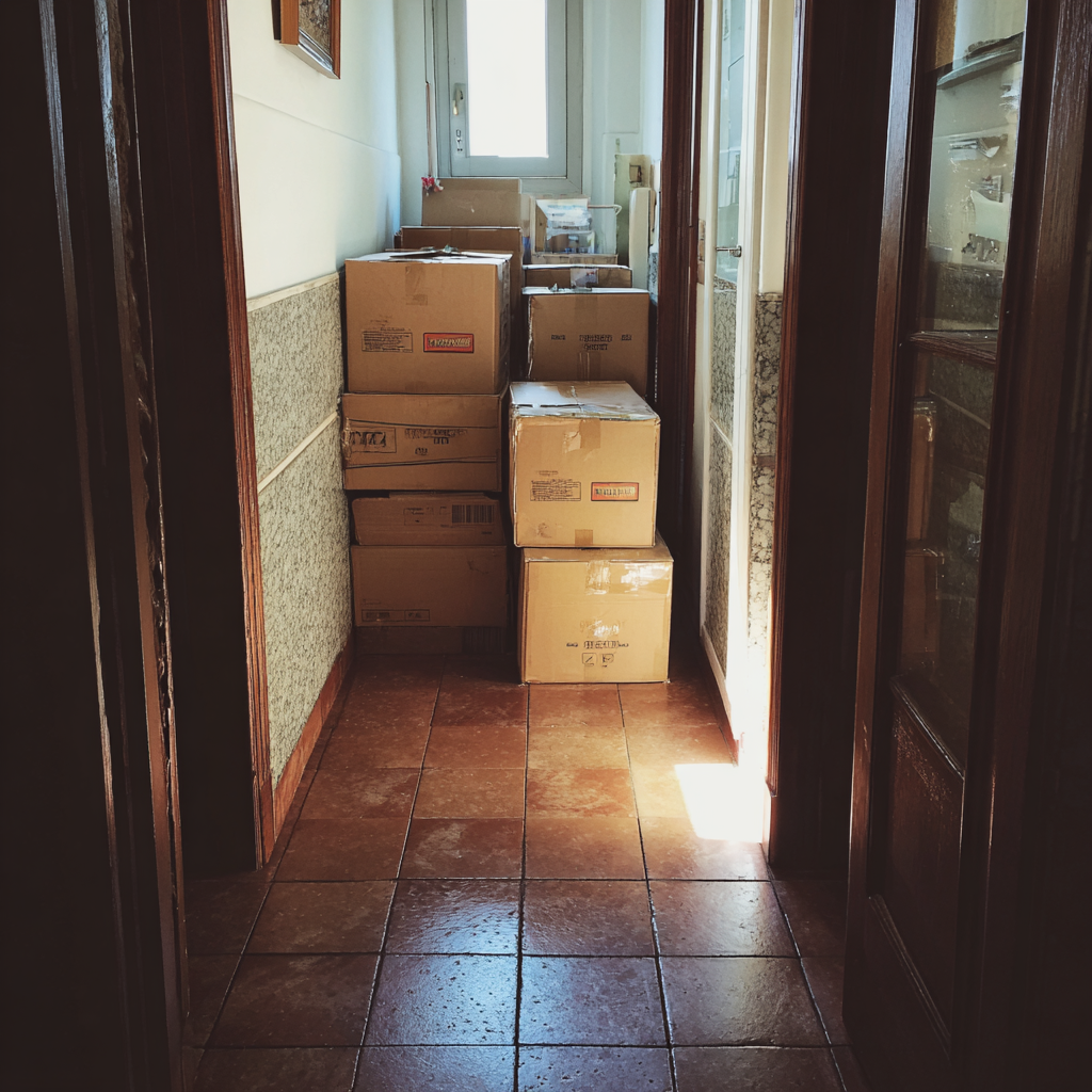 Cardboard boxes stacked in a hallway | Source: Midjourney
