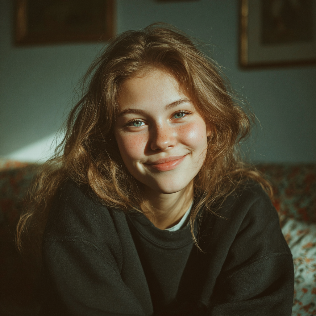 A happy girl sitting | Source: Midjourney