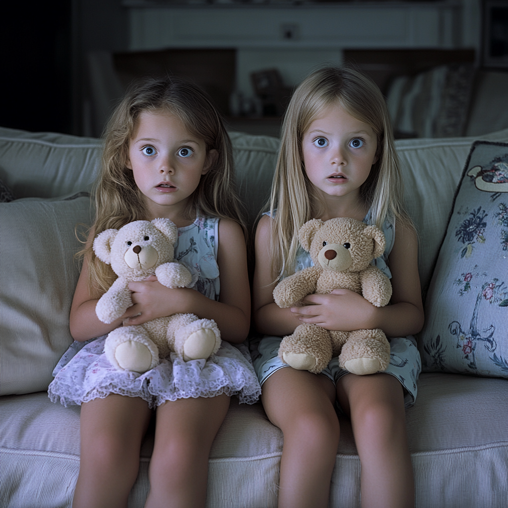 Two frightened little girls sitting on the couch | Source: Midjourney