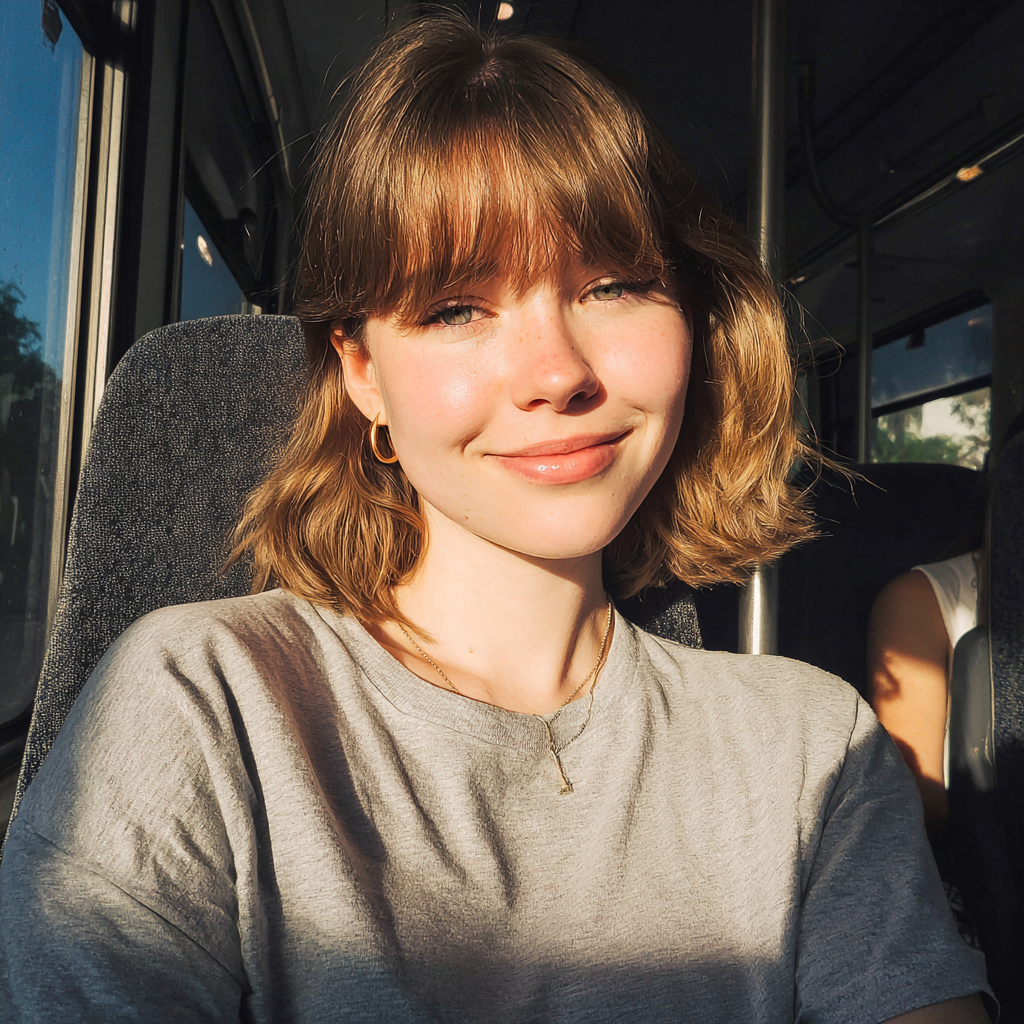 A smiling young woman sitting in a bus | Source: Midjourney