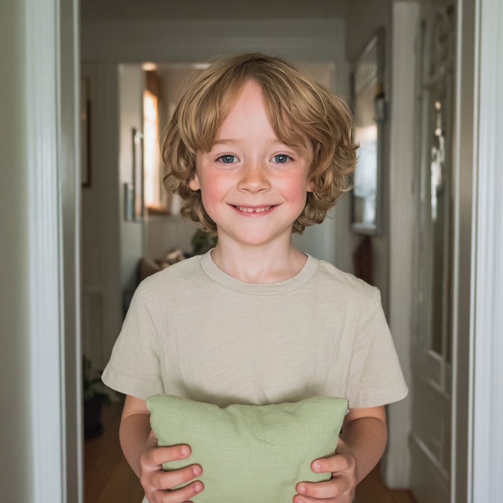 A smiling little boy holding a green pillow | Source: Midjourney