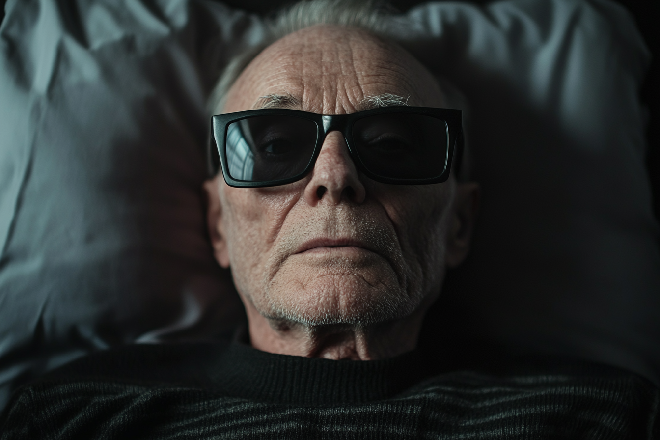 A man wearing dark glasses lying in bed | Source: Midjourney