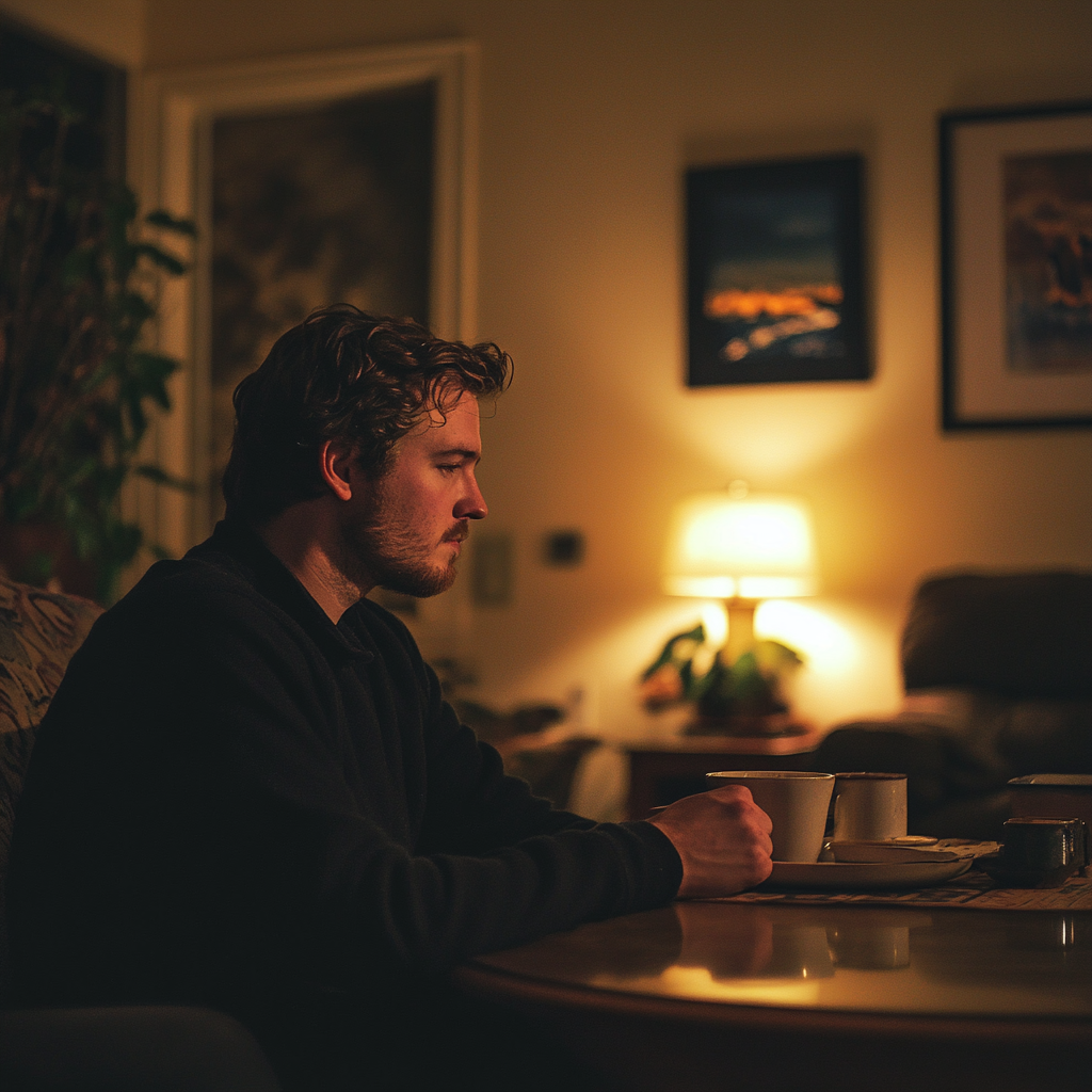 A thoughtful man in his living room | Source: Midjourney