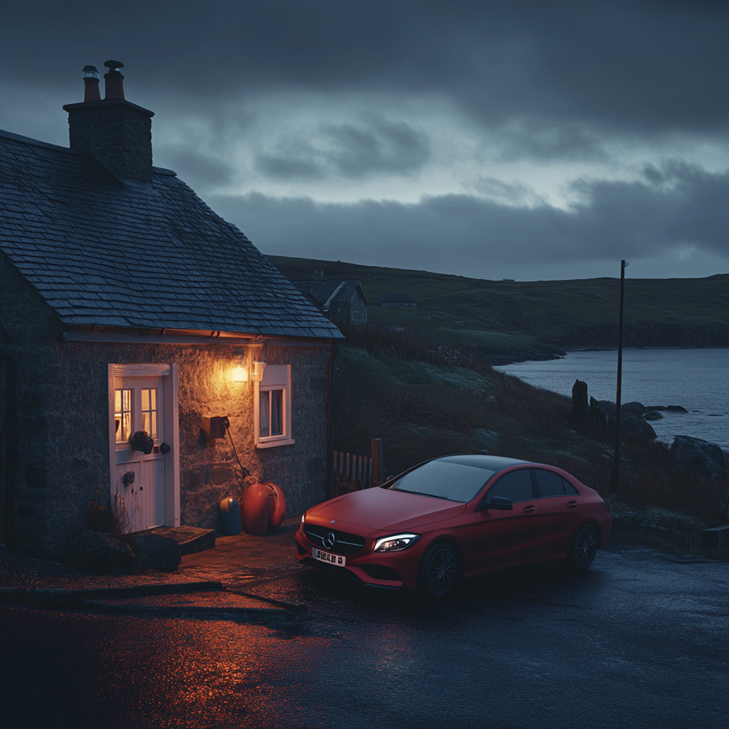 A red car outside a cottage | Source: Midjourney