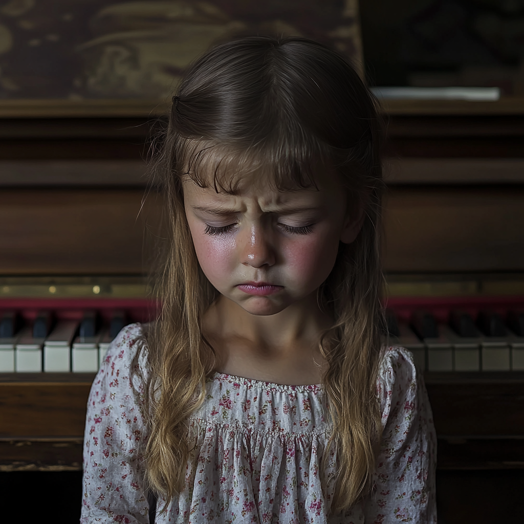 An upset girl in front of her piano | Source: Midjourney