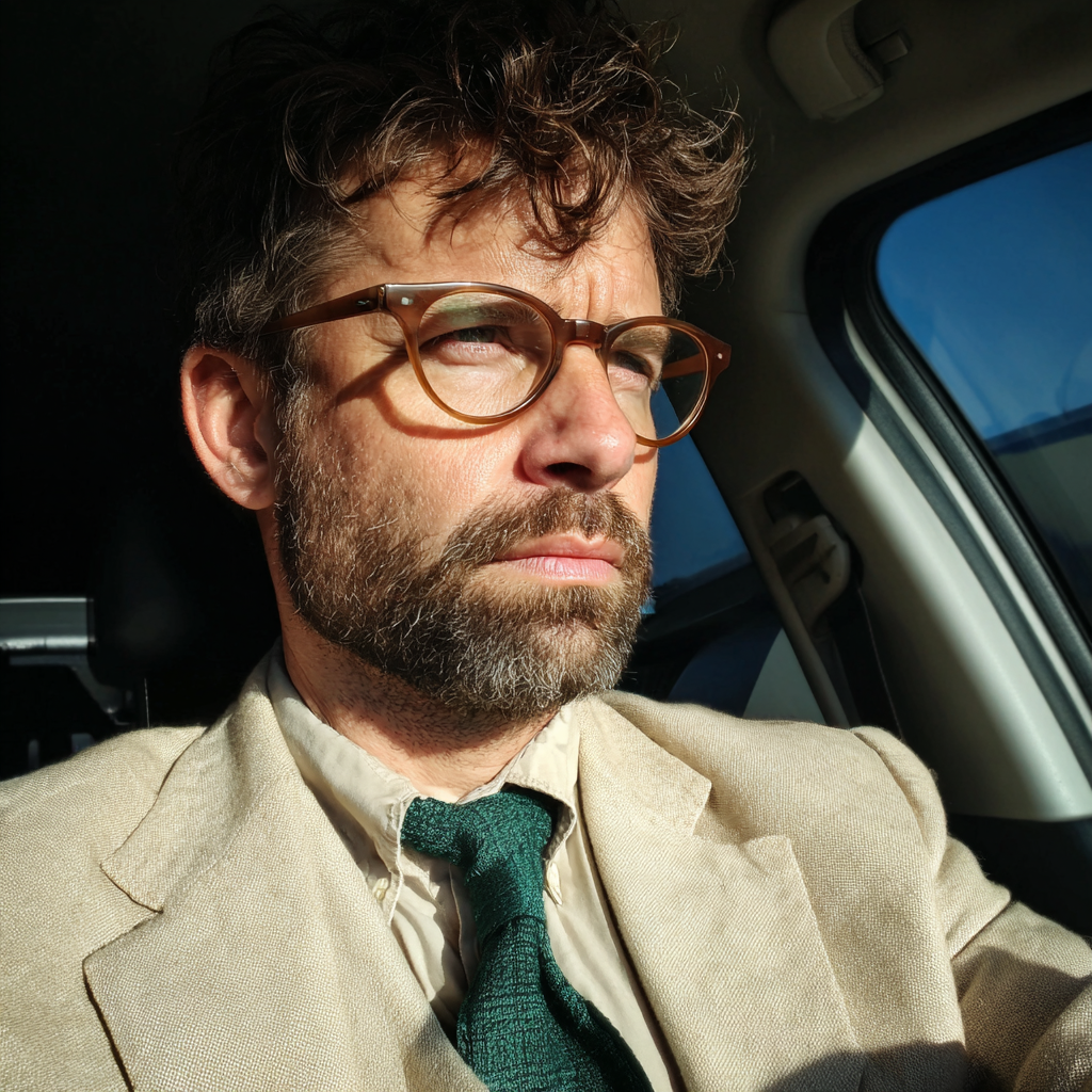 A frowning man driving a car | Source: Midjourney