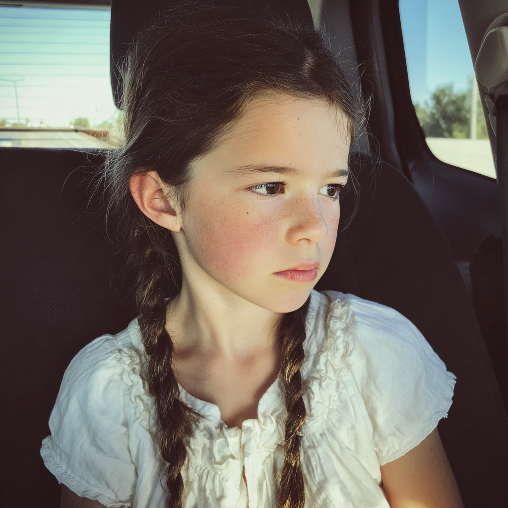 A pensive little girl sitting in a car | Source: Midjourney