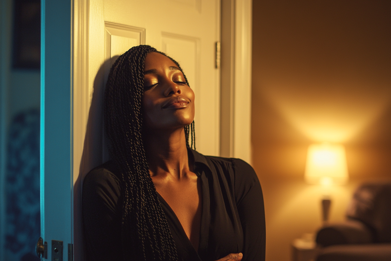 A woman leaning back on a door, looking peaceful and smiling | Source: Midjourney