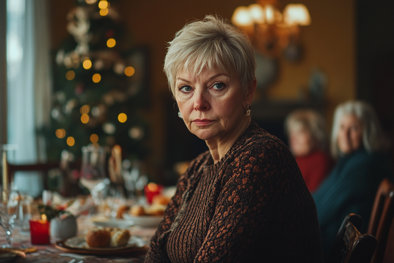 Woman in her 60s looking serious at the dining table during a Christmas dinner | Source: Midjourney