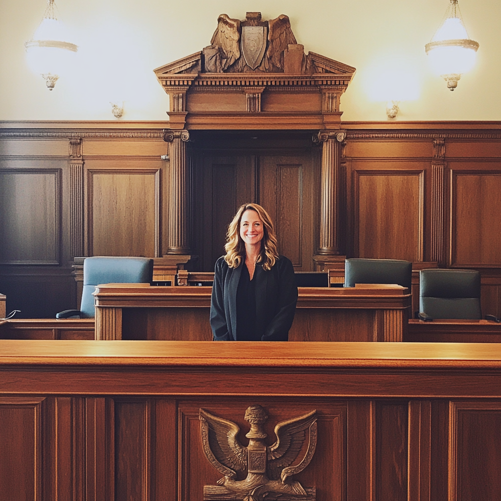 A smiling judge in a courtroom | Source: Midjourney