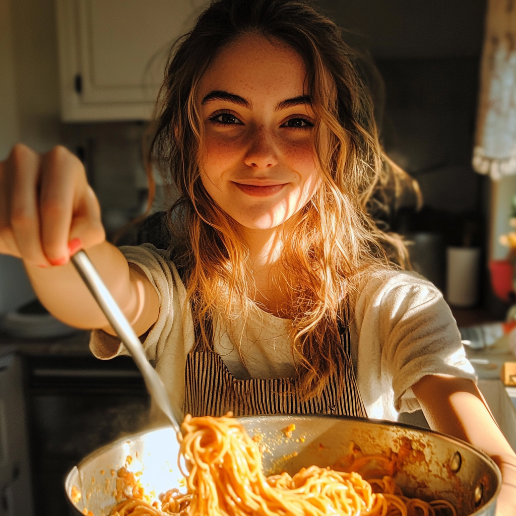 Uma mulher cozinhando com um sorriso forçado | Fonte: Midjourney