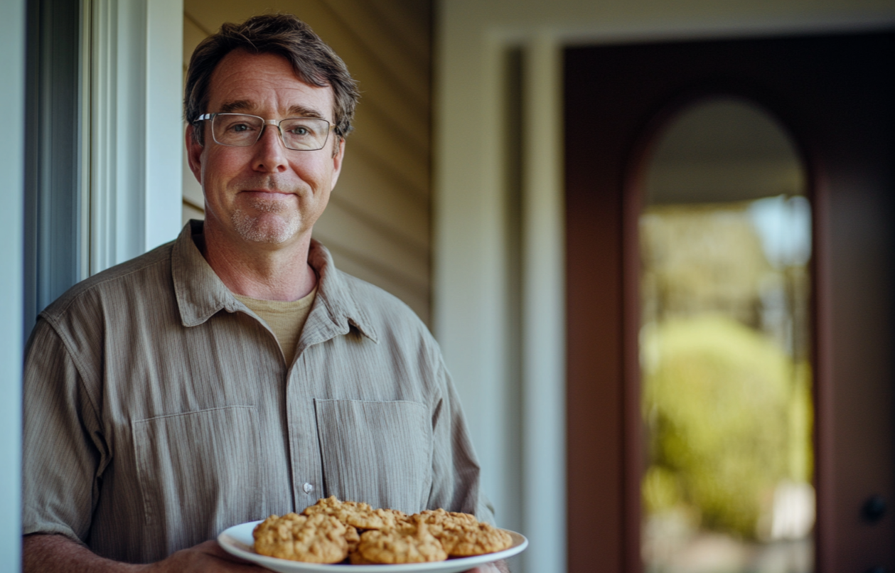 A man holding a plate of cookies | Source: Midjourney