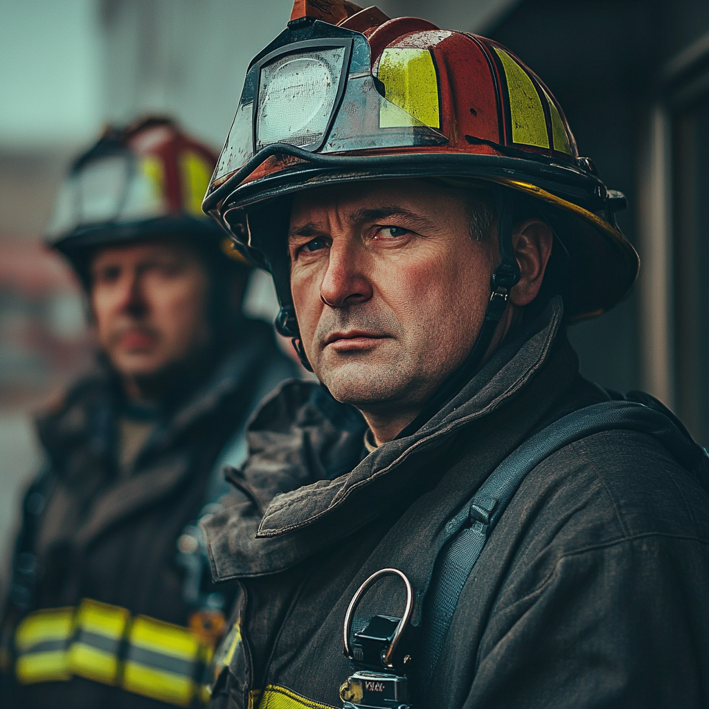 Two firefighters looking to their side | Source: Midjourney