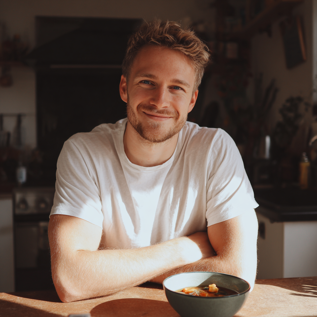 A smiling man with a bowl of soup | Source: Midjourney