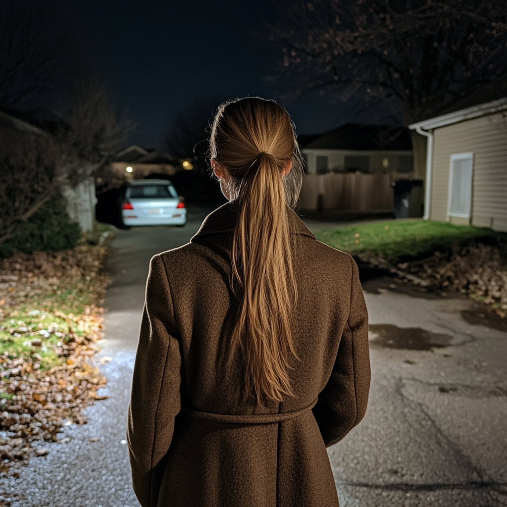 A woman walking down a driveway | Source: Midjourney