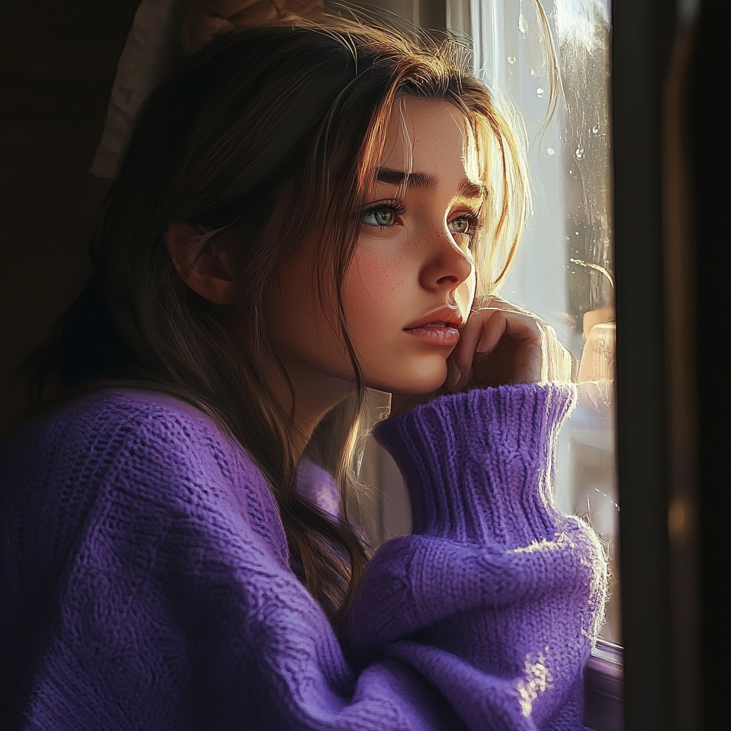 A sad teenage girl sitting by the window | Source: Midjourney