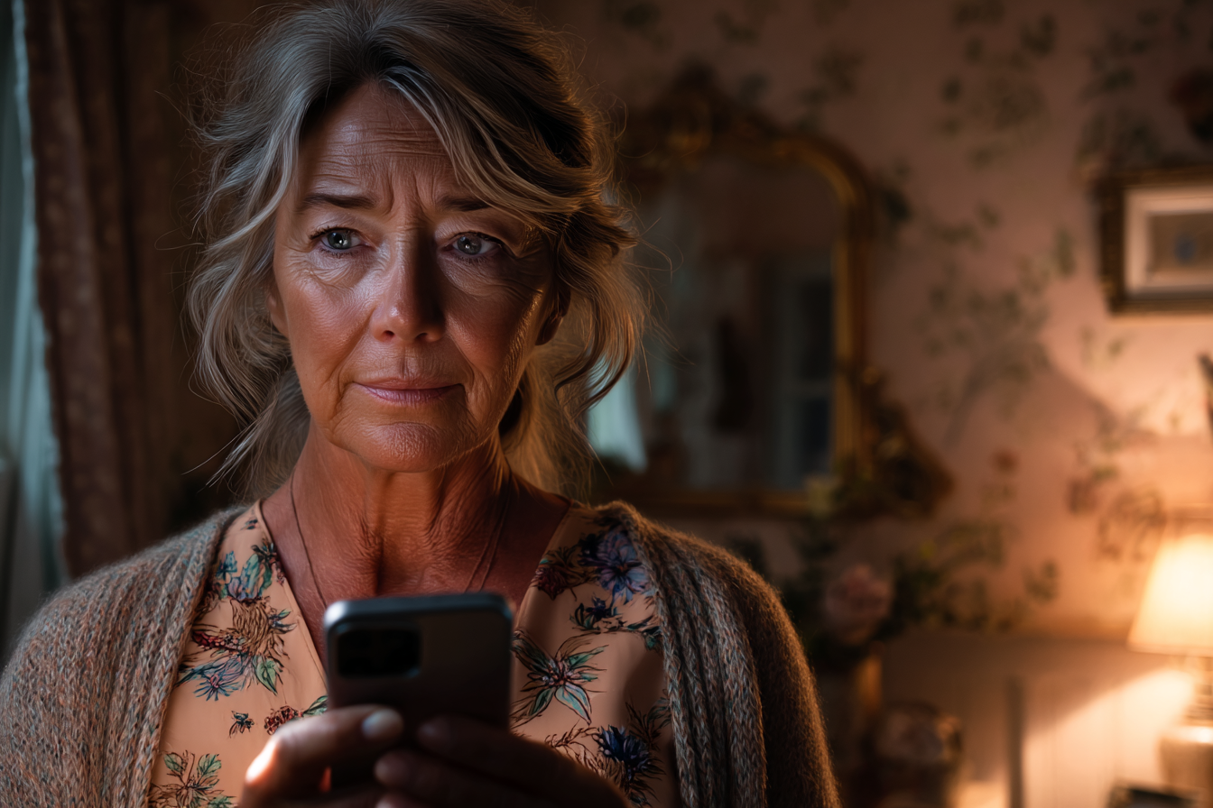 An older woman holding her phone | Source: Midjourney