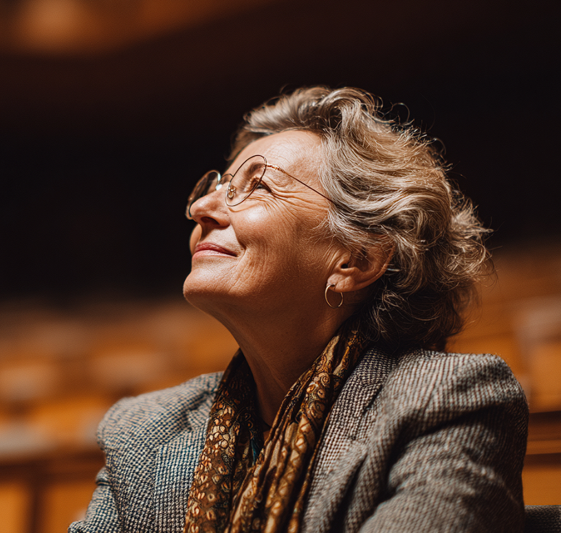 A woman seated in an auditorium | Source: Midjourney
