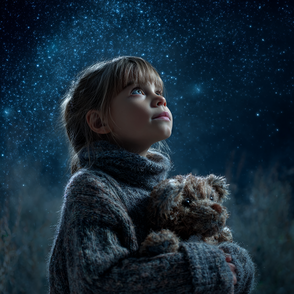 A curious litle girl looking up at the stary sky while holding her stuffed teddy bear | Source: Midjourney