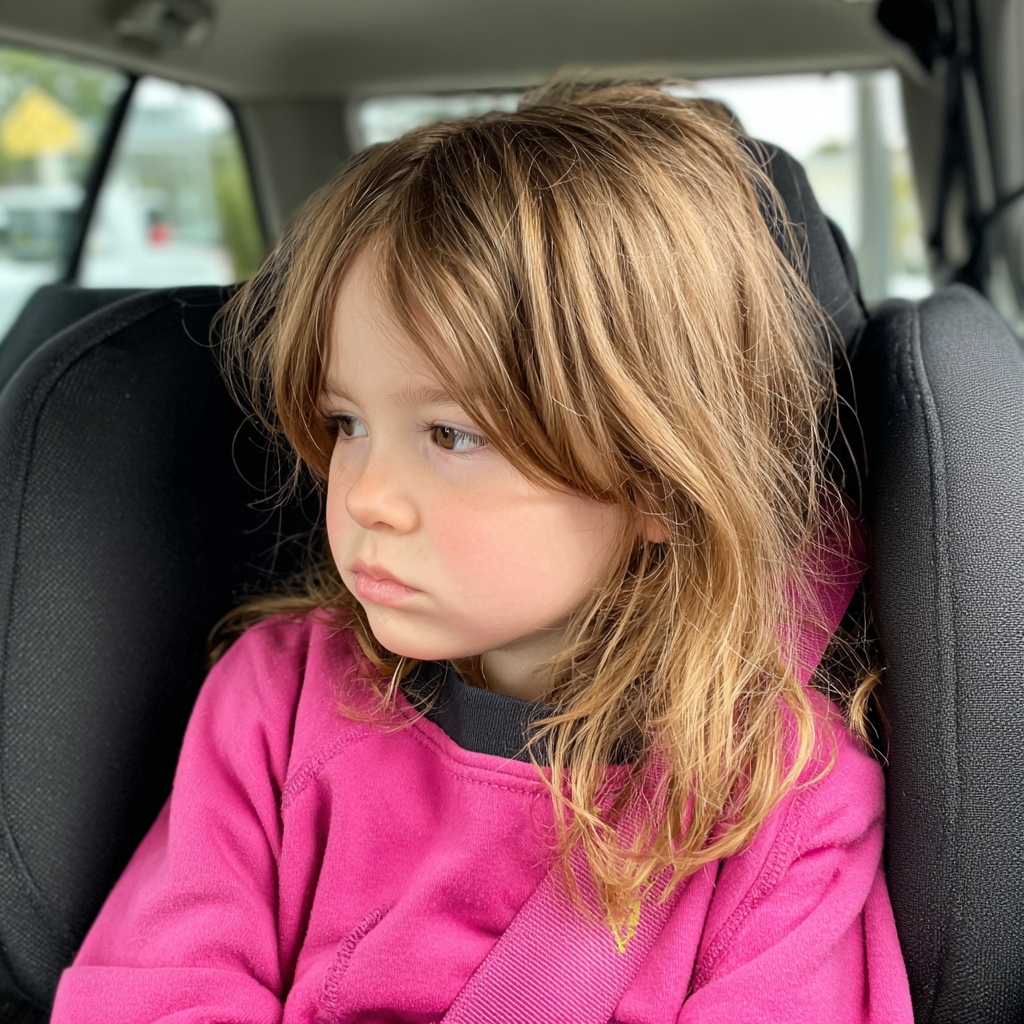 A little girl sitting in a booster seat in a car | Source: Midjourney