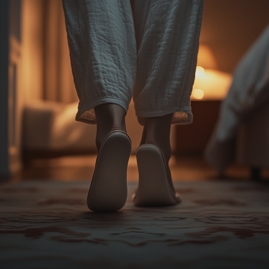 A woman walking in her bedroom | Source: Midjourney