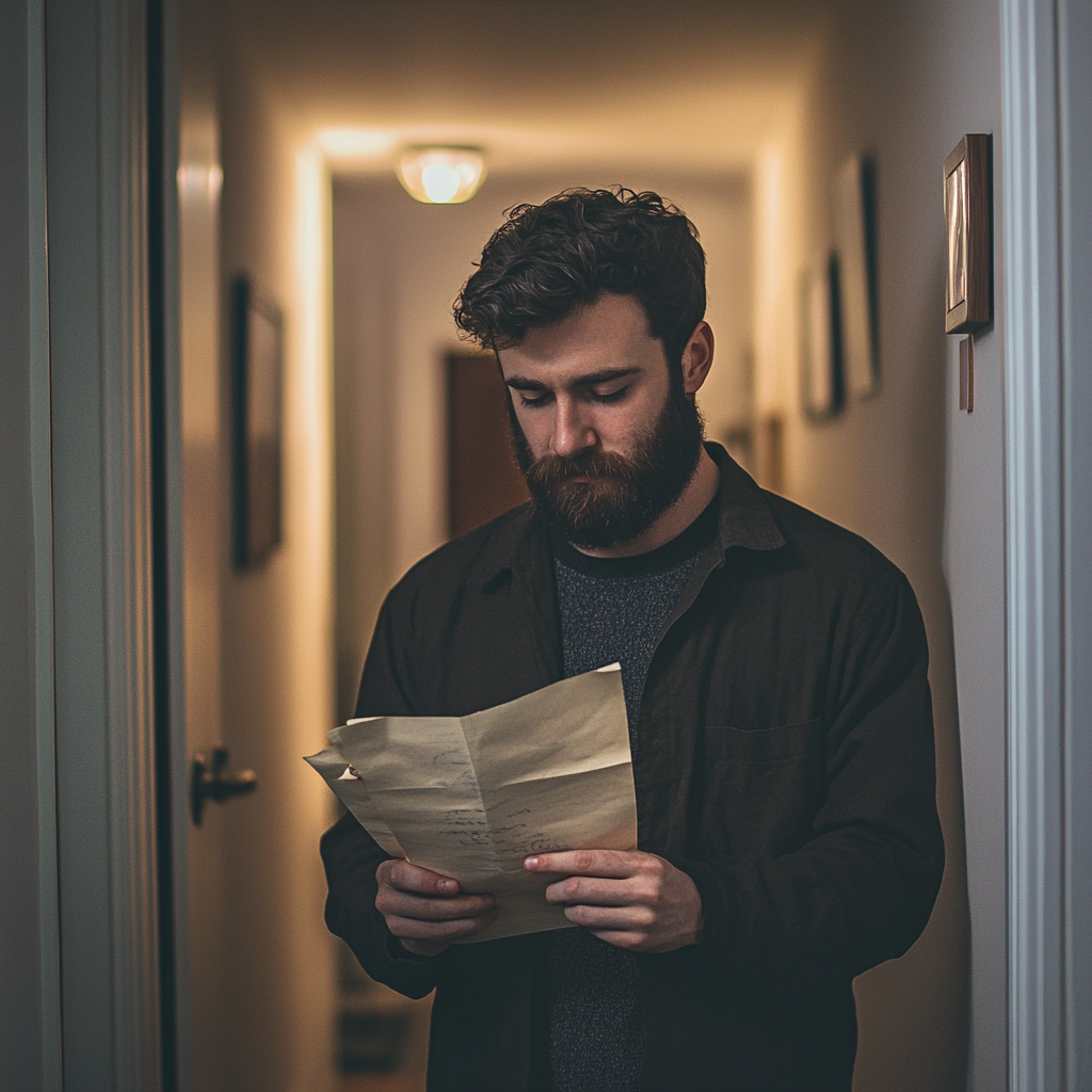 A man reading a note in his corridor | Source: Midjourney