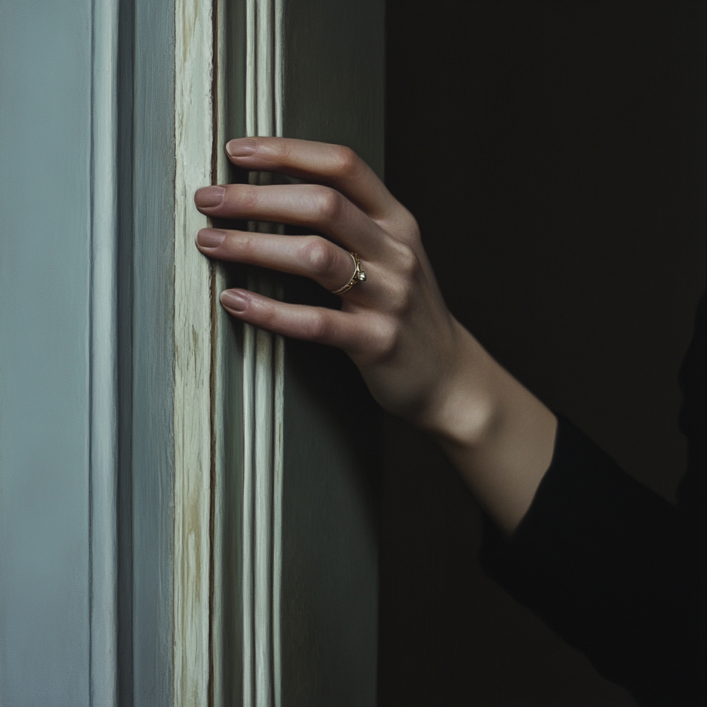 A womans hand on a doorframe | Source: Midjourney