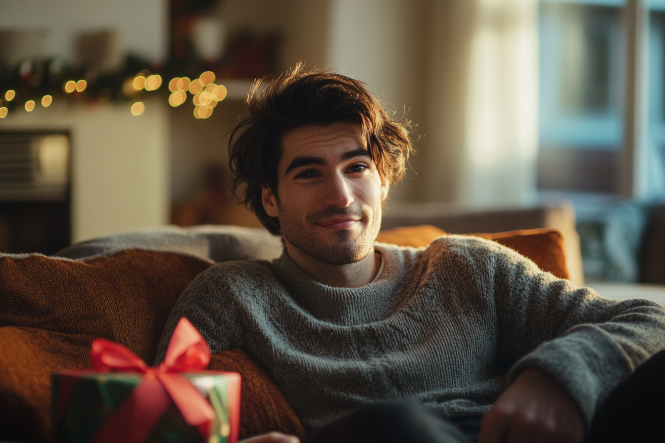 Man smiling on a couch | Source: Midjourney