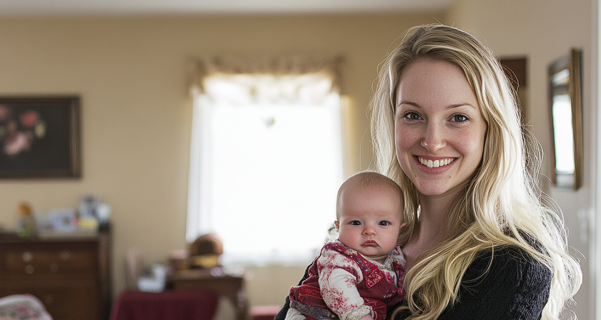 A woman smiling victoriously while holding a baby | Source: Midjourney