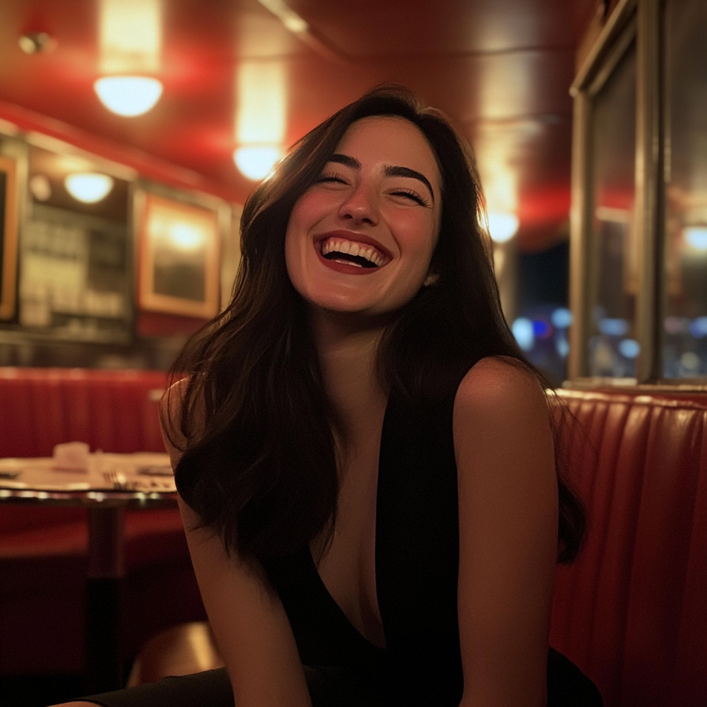 Une femme assise dans un restaurant et riant | Source : Midjourney