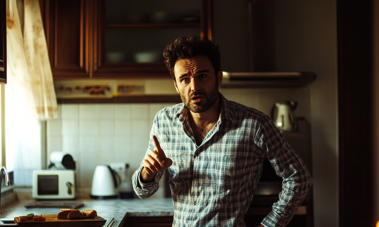 A man pointing in a kitchen | Source: Midjourney