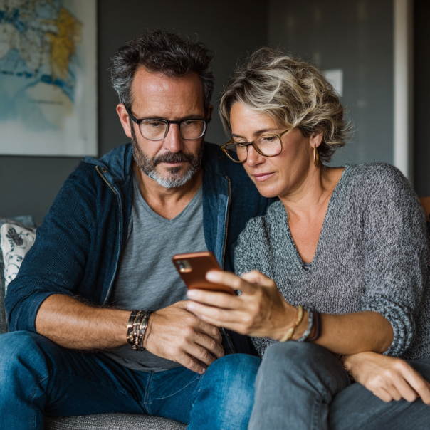 A couple looking at something on a phone | Source: Midjourney