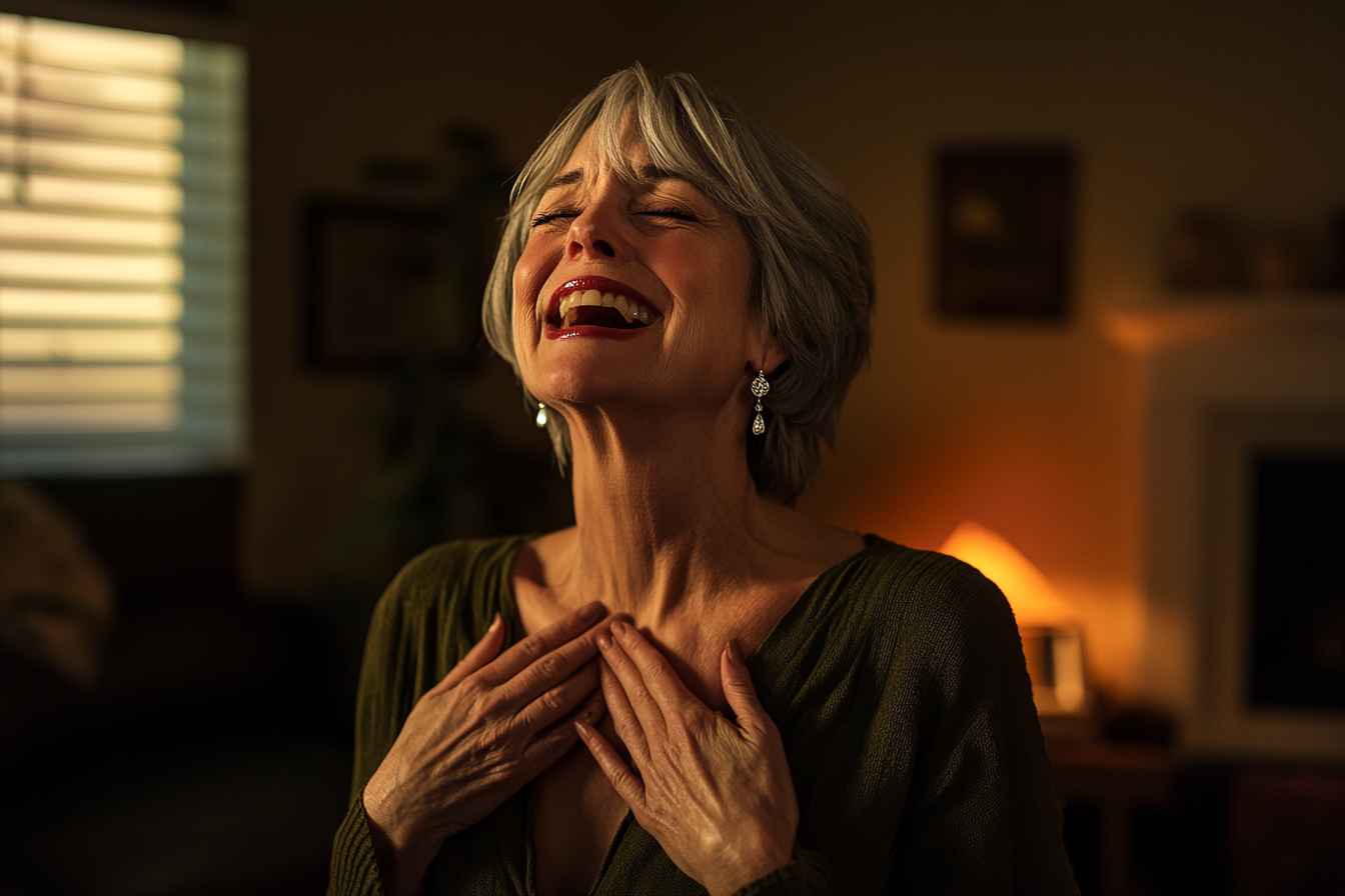 Woman in her 50s crying from happiness in a living room | Source: Midjourney