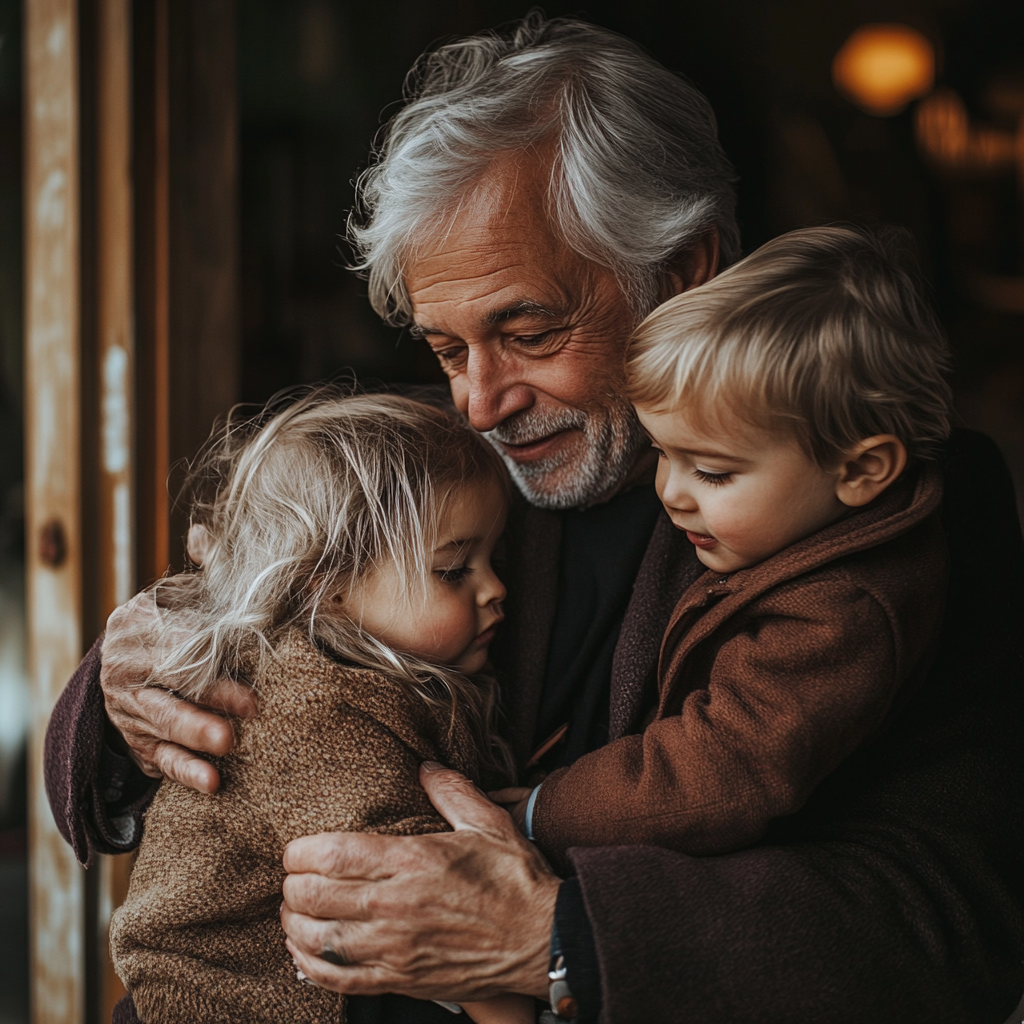 Senior man hugging bonding with his grandchildren | Source: Midjourney