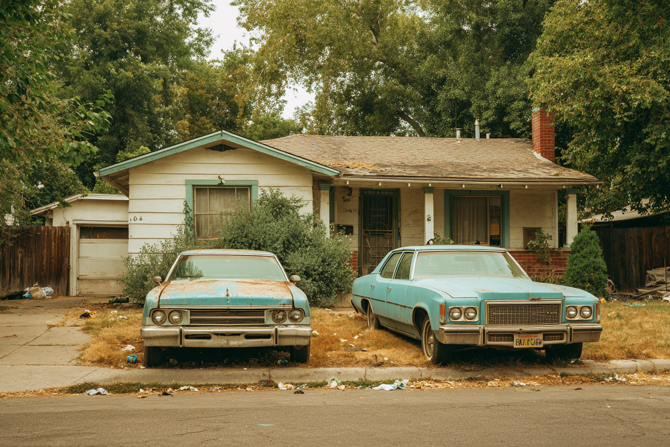 Two beat-up sedans parked outside a house | Source: Midjourney