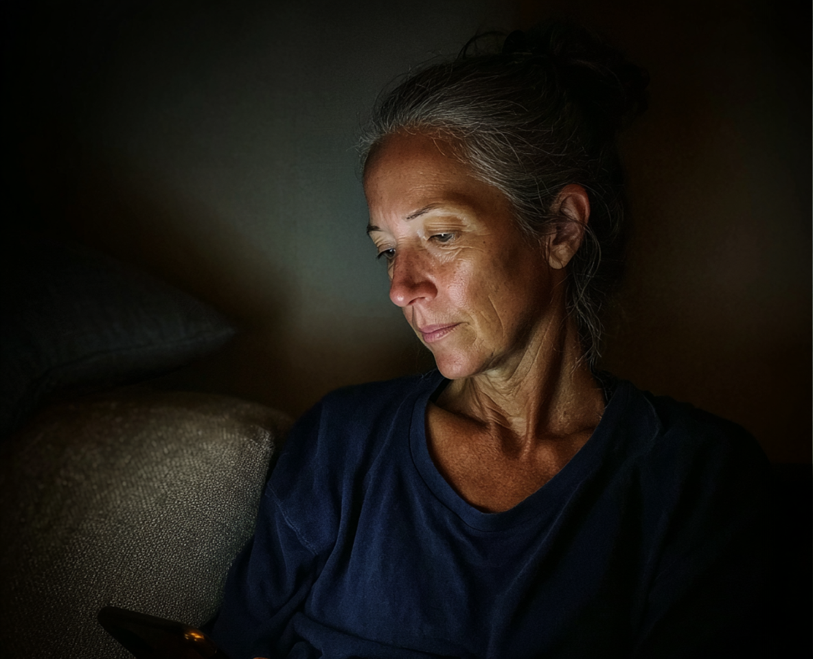 An older woman using her phone at night | Source: Midjourney